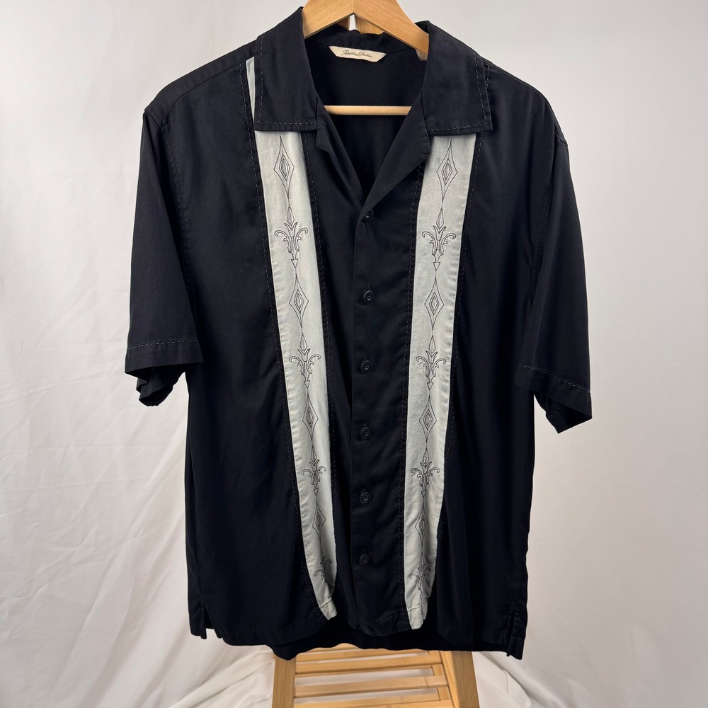 Paradise Collection Bowling Shirt Mens M Black Silk Embroidered Rockabilly